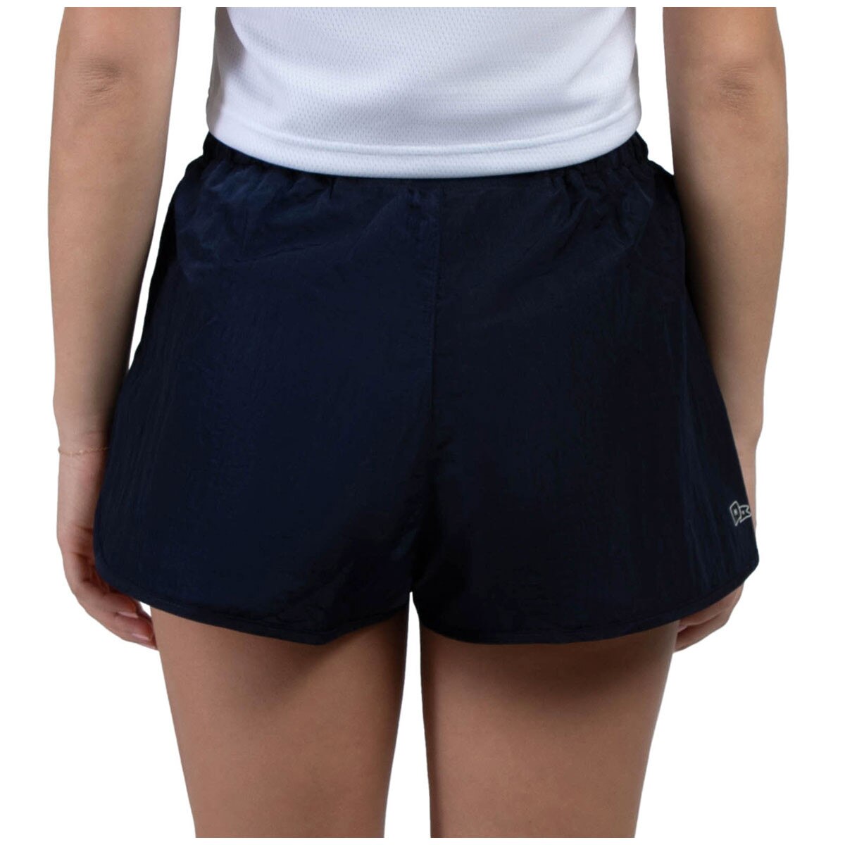 back view of model wearing women's high waisted navy shorts